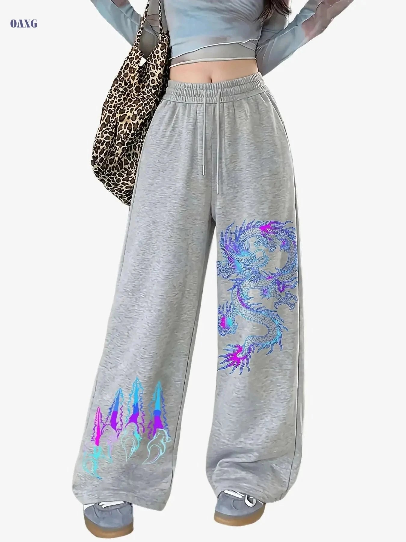 Women's Black Jogger Pants - Dragon Print, Elastic Drawstring & Breathable   OAXG Black / XS