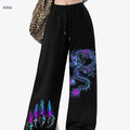 Women's Black Jogger Pants - Dragon Print, Elastic Drawstring & Breathable   OAXG Black / XS