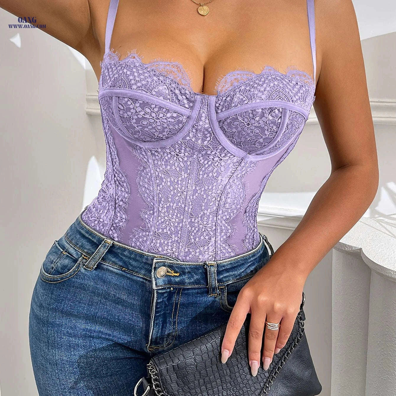 Women's Black Lace Bodysuit - V-Neck Sleeveless Elegance for All Seasons   OAXG 