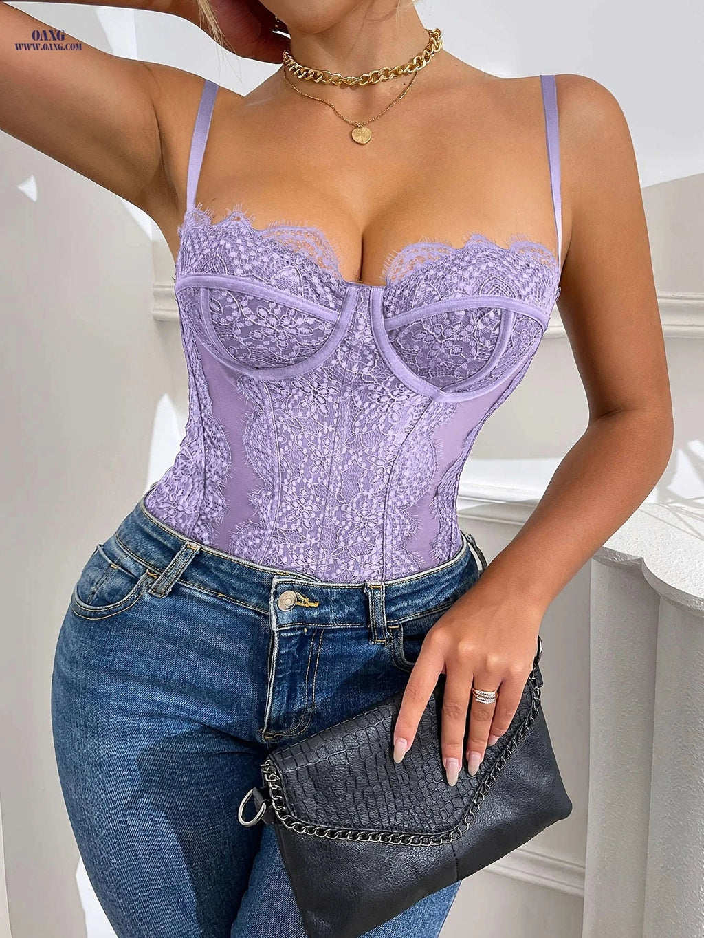 Women's Black Lace Bodysuit - V-Neck Sleeveless Elegance for All Seasons   OAXG 