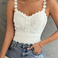 Women's Black Lace V-Neck Crop Top - Summer Sleeveless Casual Style   OAXG Beige / S