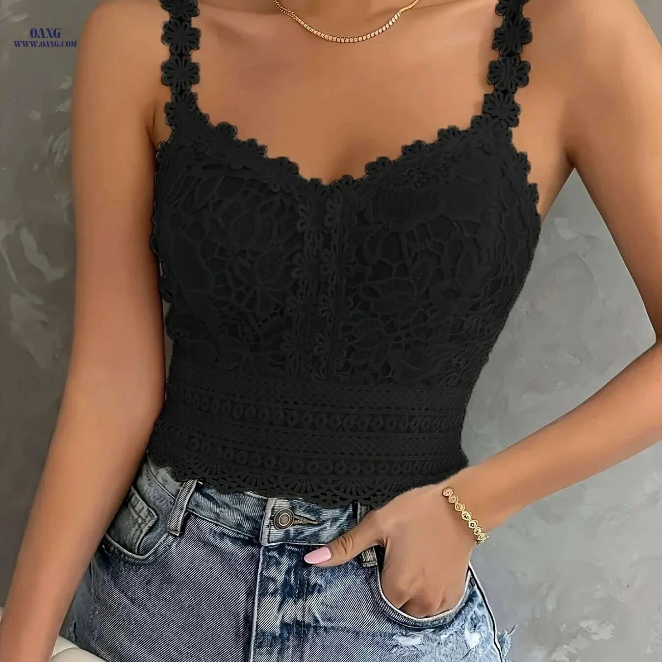 Women's Black Lace V-Neck Crop Top - Summer Sleeveless Casual Style   OAXG 