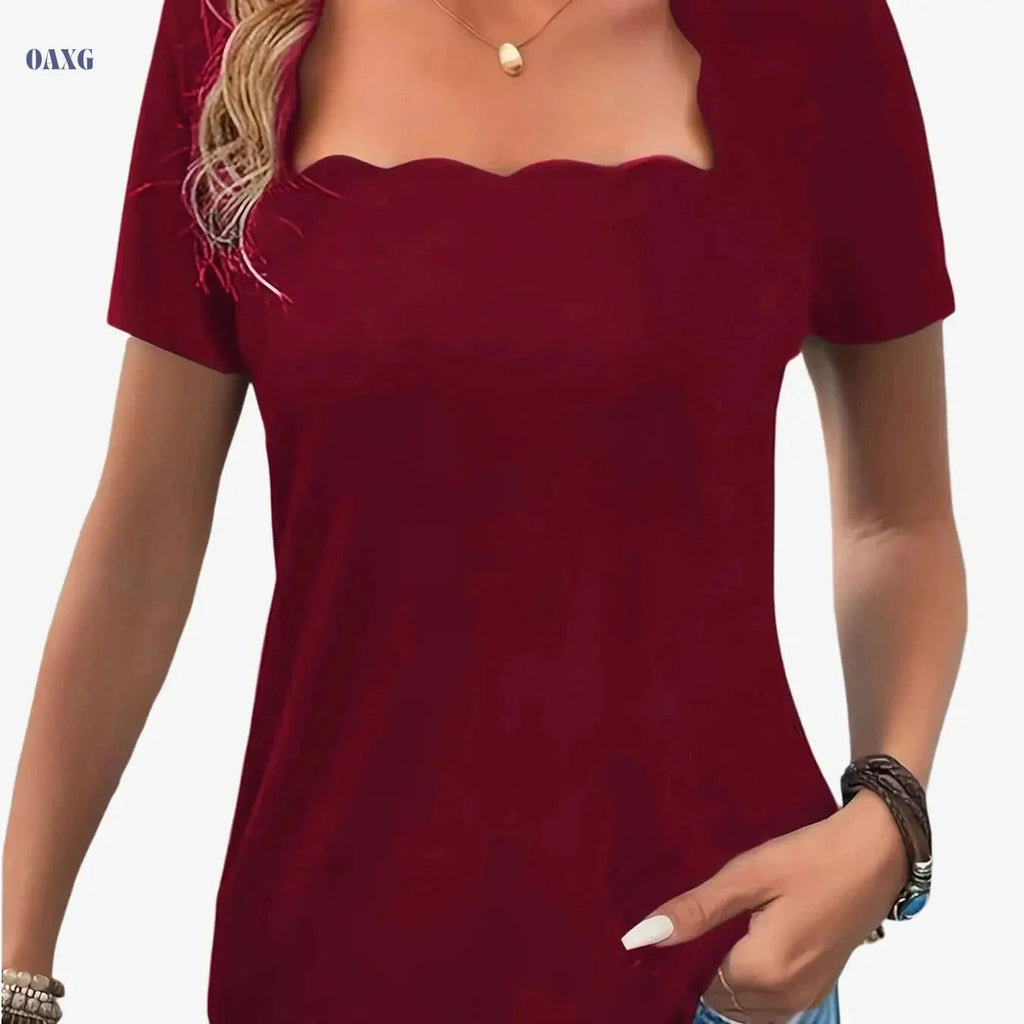 Women's Black Square Neck T-Shirt - Minimalist Short Sleeve Top   OAXG 