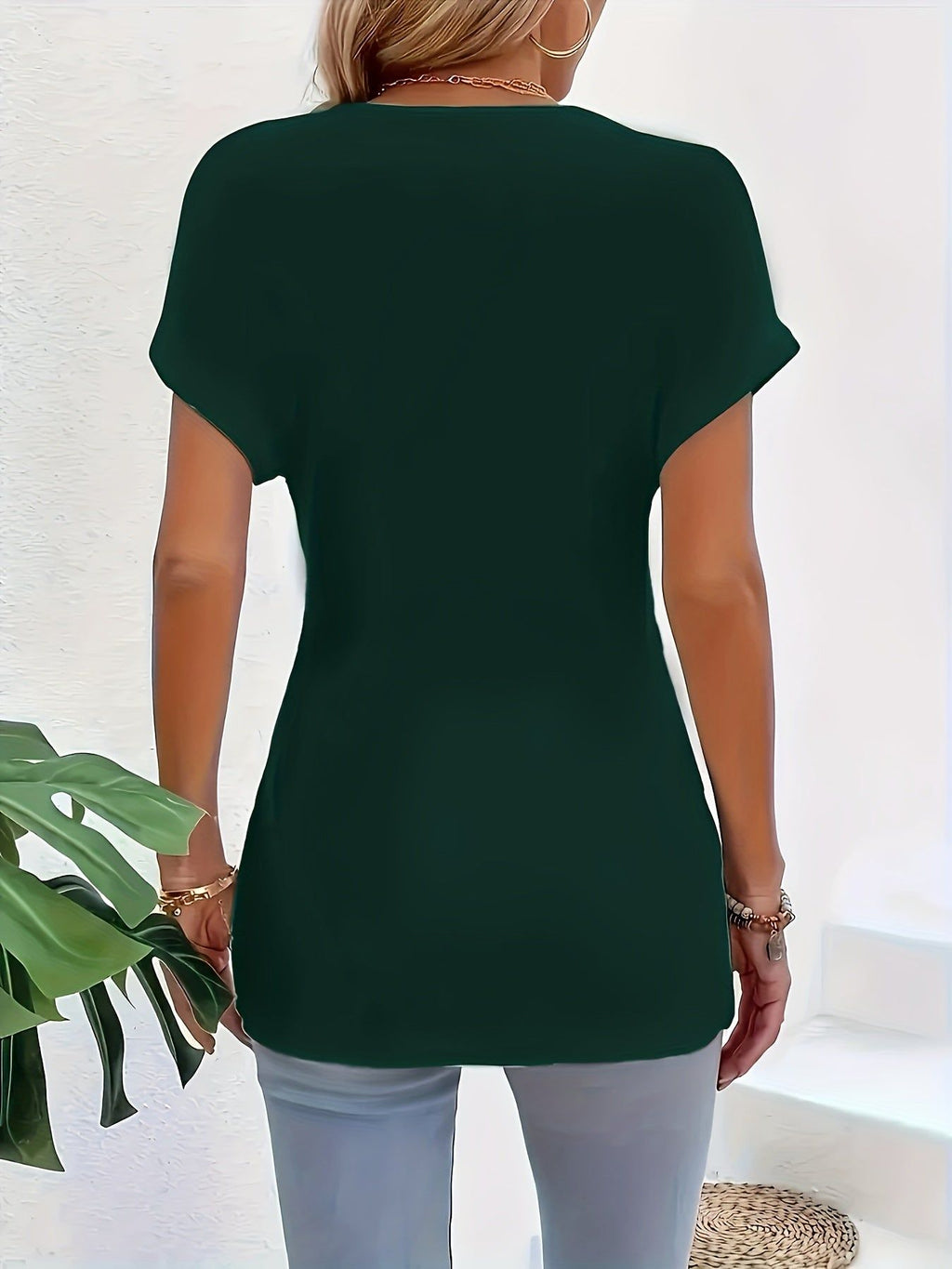 Women's Black T-Shirt - Elegant Lace Contrast V-Neck Blouse, Non-See-Through Batwing Short Sleeves, Machine Washable Everyday & Formal Tops for Spring/Summer Outfits, Ladies T Shirts, Spring Summer Apparel, Nontransparent Fabric   OAXG Black / S