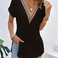 Women's Black T-Shirt - Elegant Lace Contrast V-Neck Blouse, Non-See-Through Batwing Short Sleeves, Machine Washable Everyday & Formal Tops for Spring/Summer Outfits, Ladies T Shirts, Spring Summer Apparel, Nontransparent Fabric   OAXG Black / S