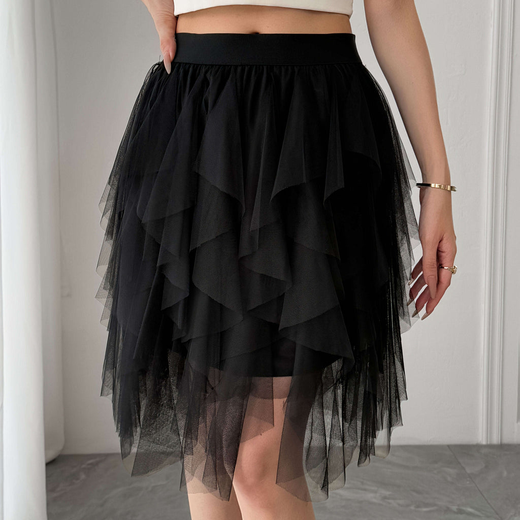 Women’s Black Tulle Short Skirt - Ruffled Flowy A-Line Summer Style   OAXG Rose Red / S