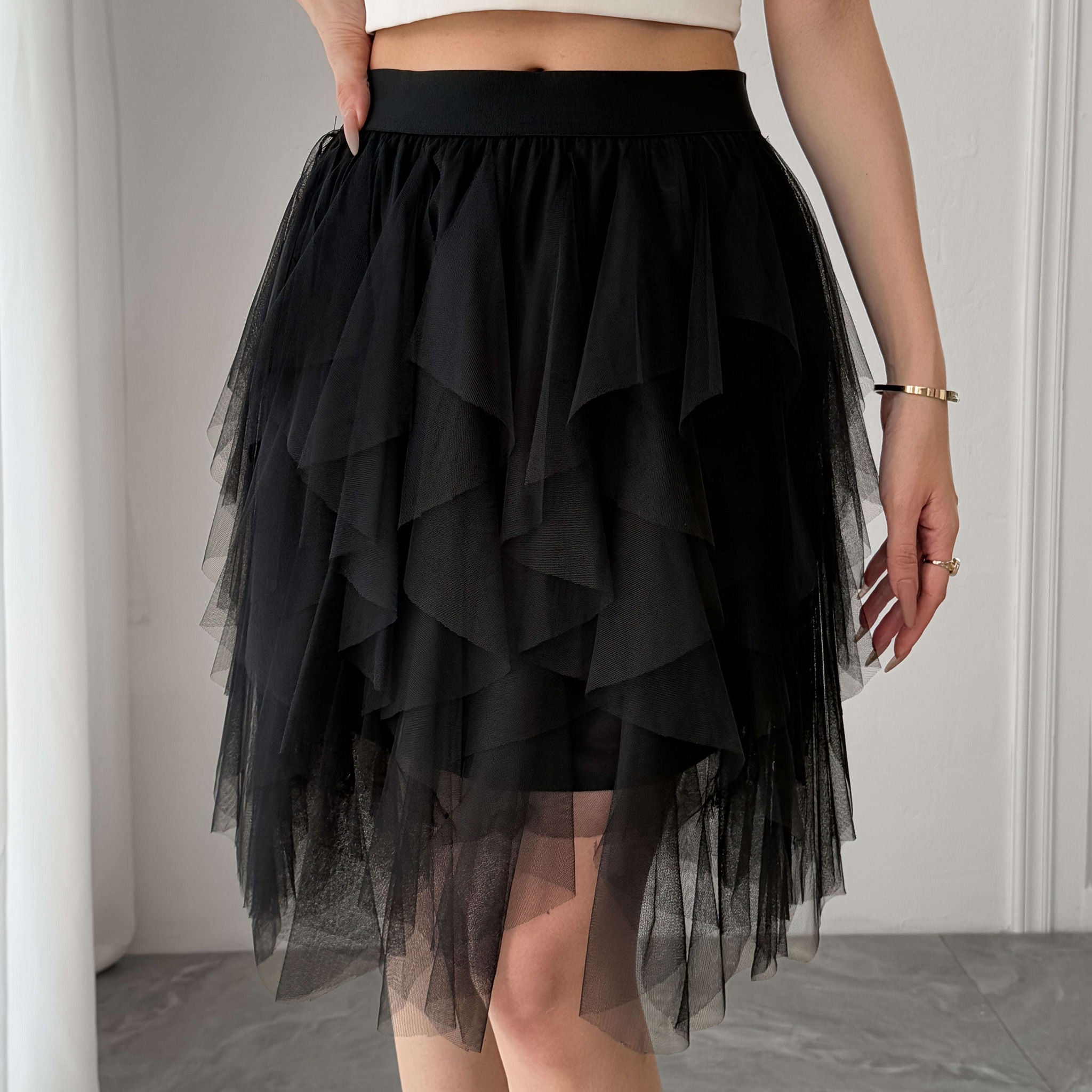 Women’s Black Tulle Short Skirt - Ruffled Flowy A-Line Summer Style   OAXG Rose Red / S