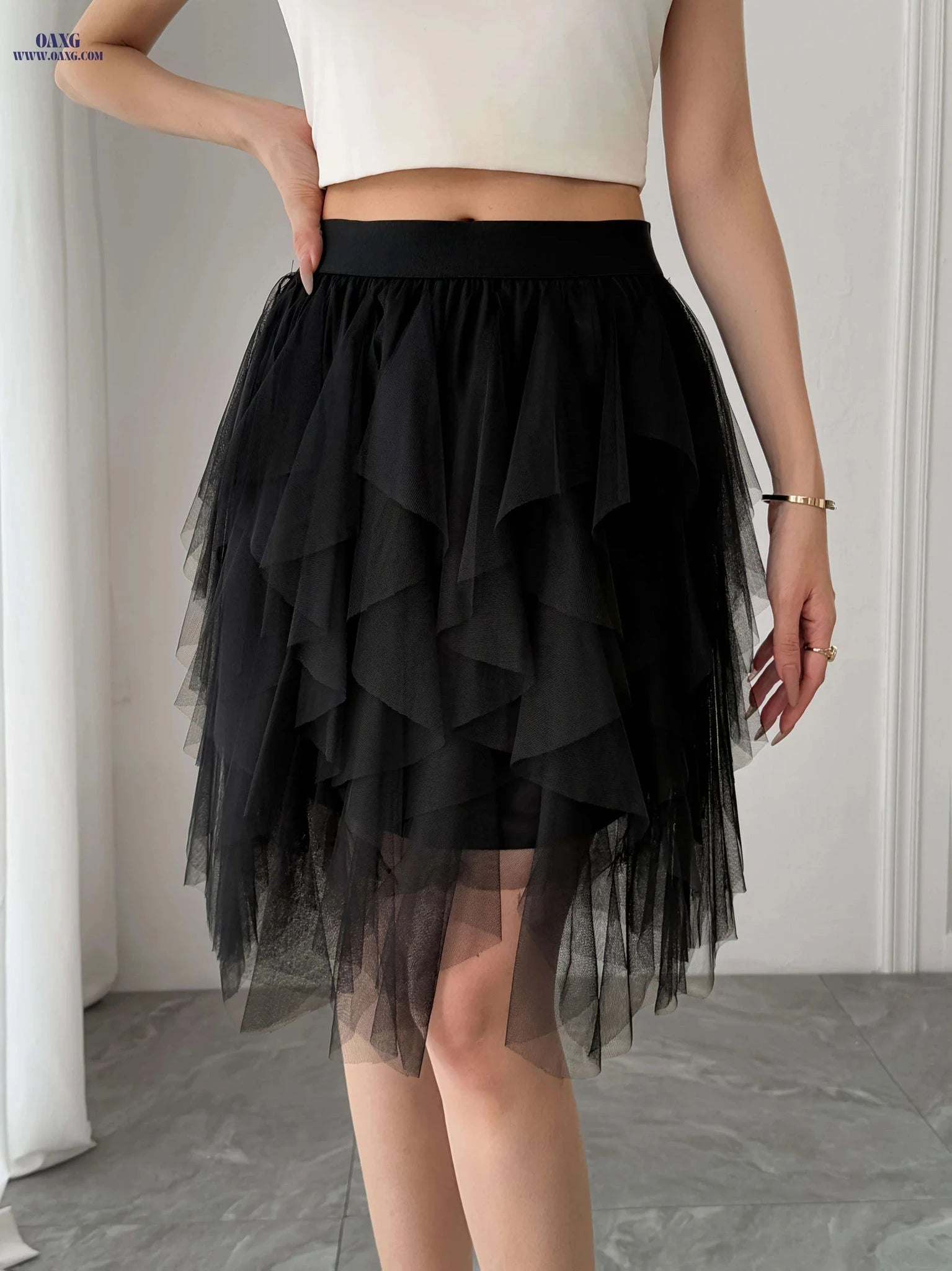 Women’s Black Tulle Short Skirt - Ruffled Flowy A-Line Summer Style   OAXG Rose Red / S