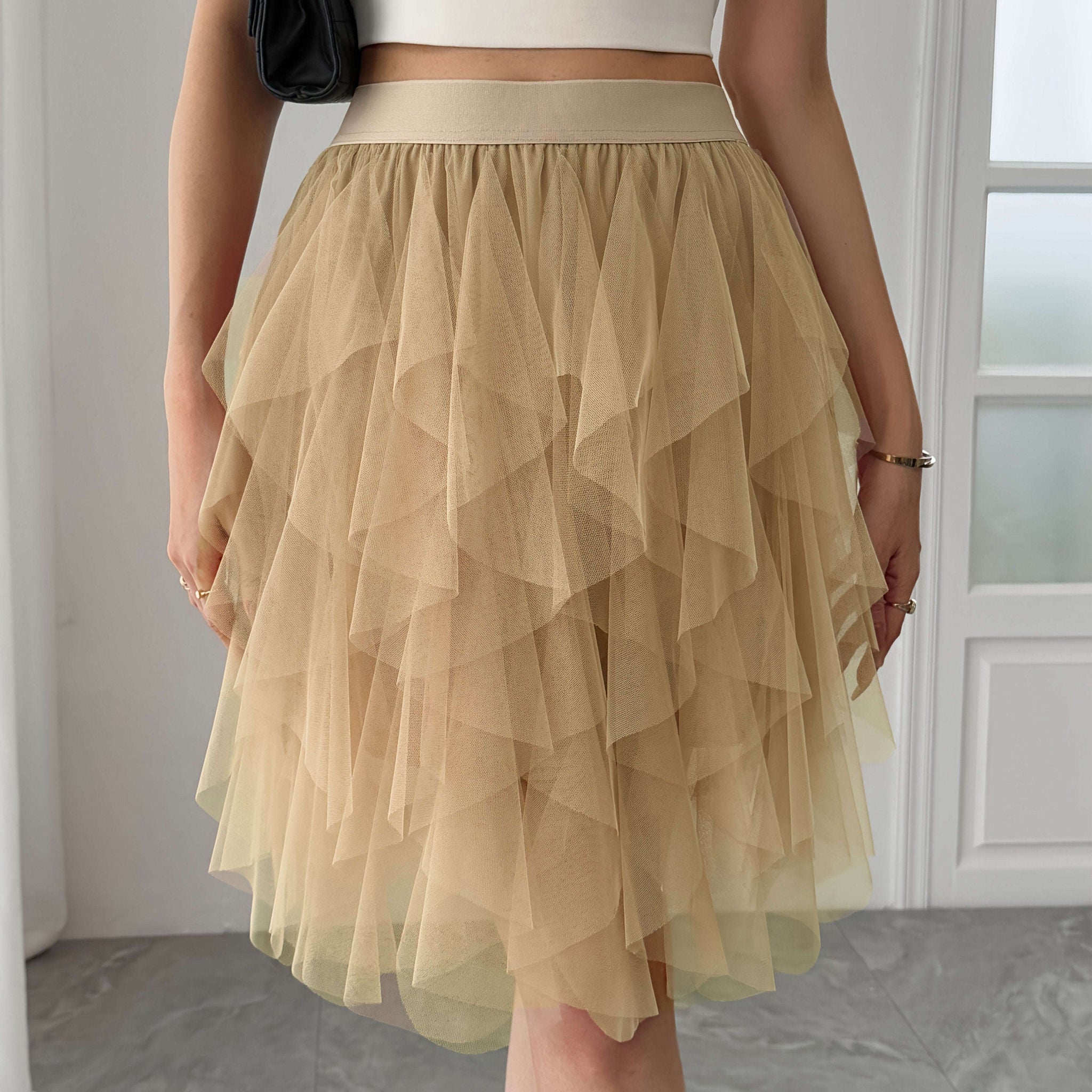 Women’s Black Tulle Short Skirt - Ruffled Flowy A-Line Summer Style   OAXG Rose Red / S