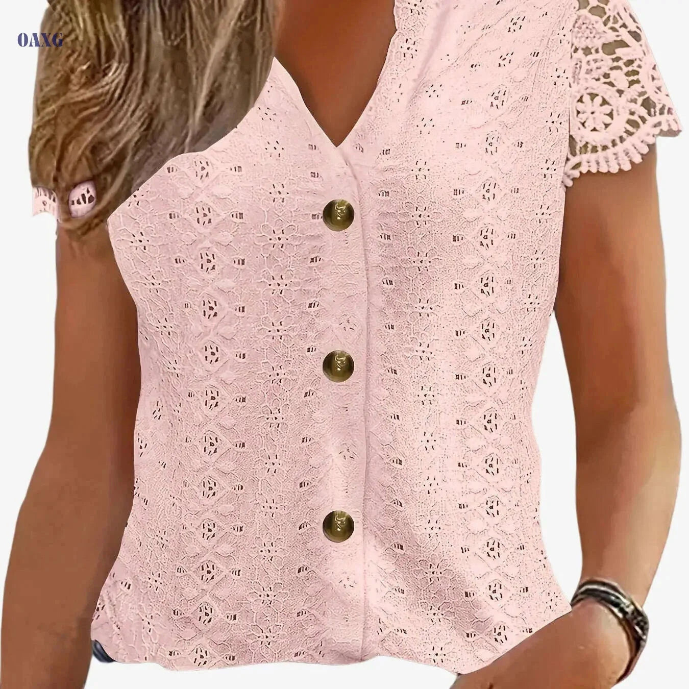 Women's Black V-Neck Lace Trim Tee - Casual Summer Short Sleeve   OAXG 