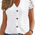 Women's Black V-Neck Lace Trim Tee - Casual Summer Short Sleeve   OAXG 
