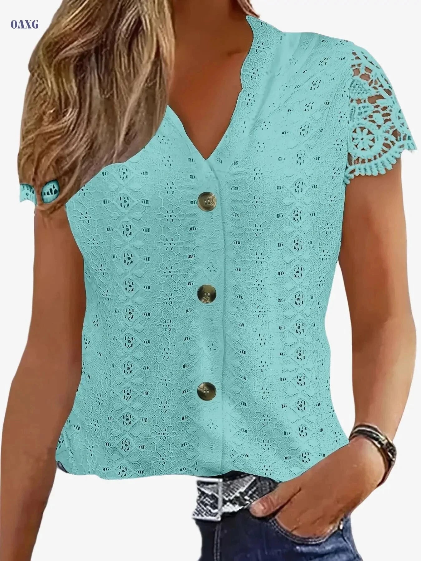 Women's Black V-Neck Lace Trim Tee - Casual Summer Short Sleeve   OAXG 