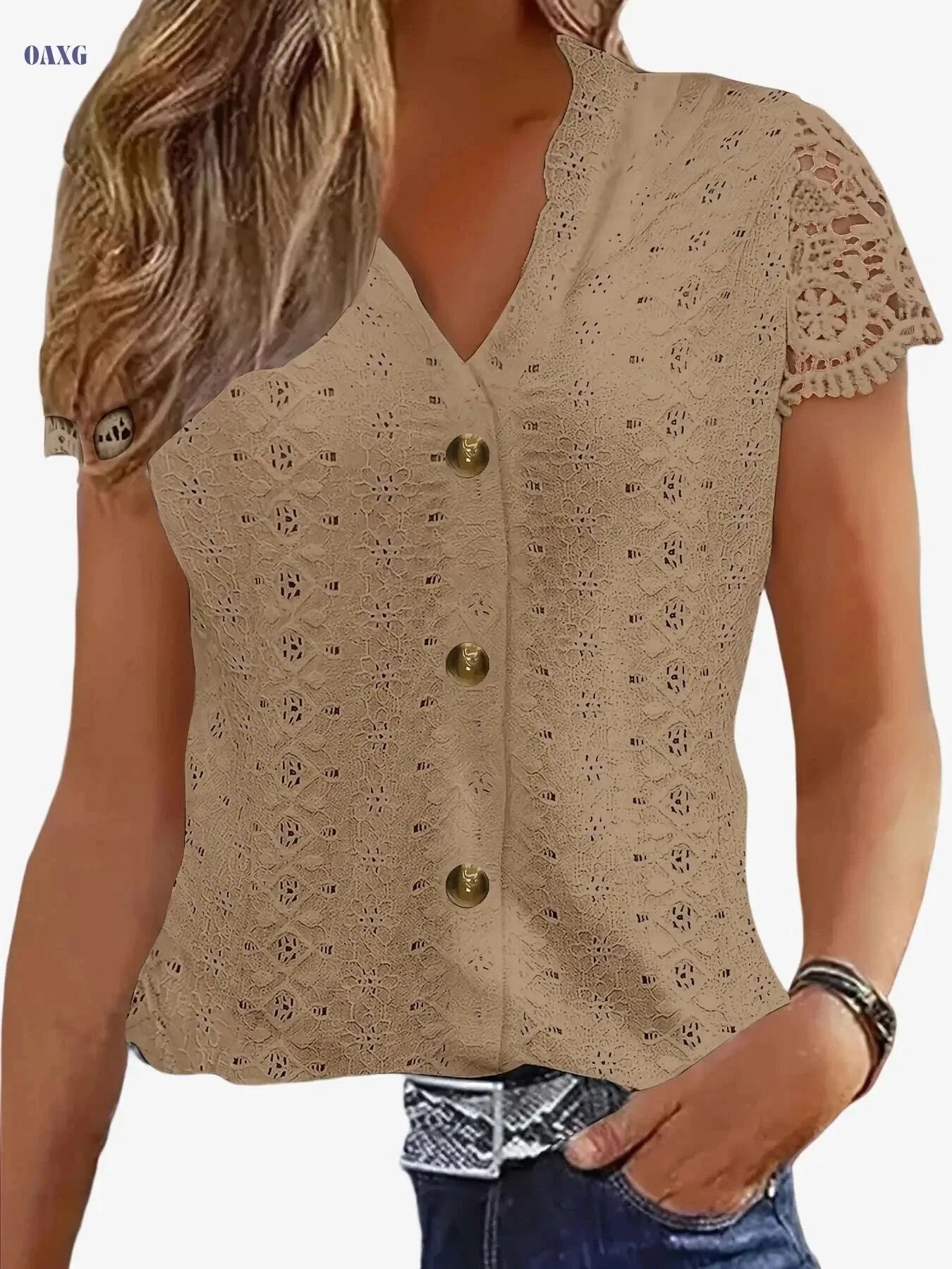 Women's Black V-Neck Lace Trim Tee - Casual Summer Short Sleeve   OAXG White / S