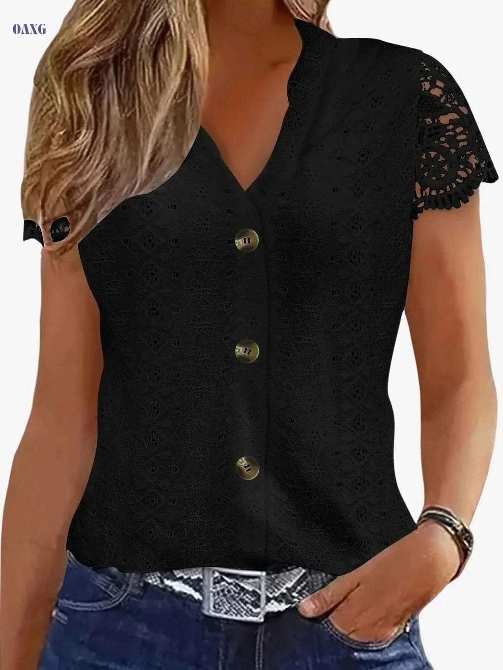 Women's Black V-Neck Lace Trim Tee - Casual Summer Short Sleeve   OAXG White / S