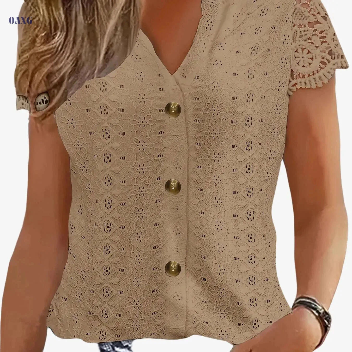 Women's Black V-Neck Lace Trim Tee - Casual Summer Short Sleeve   OAXG White / S