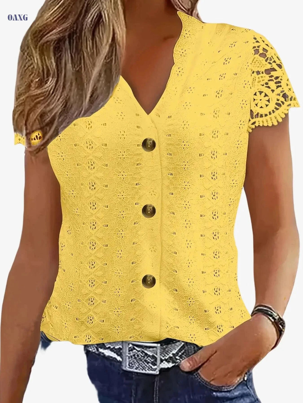 Women's Black V-Neck Lace Trim Tee - Casual Summer Short Sleeve   OAXG White / S