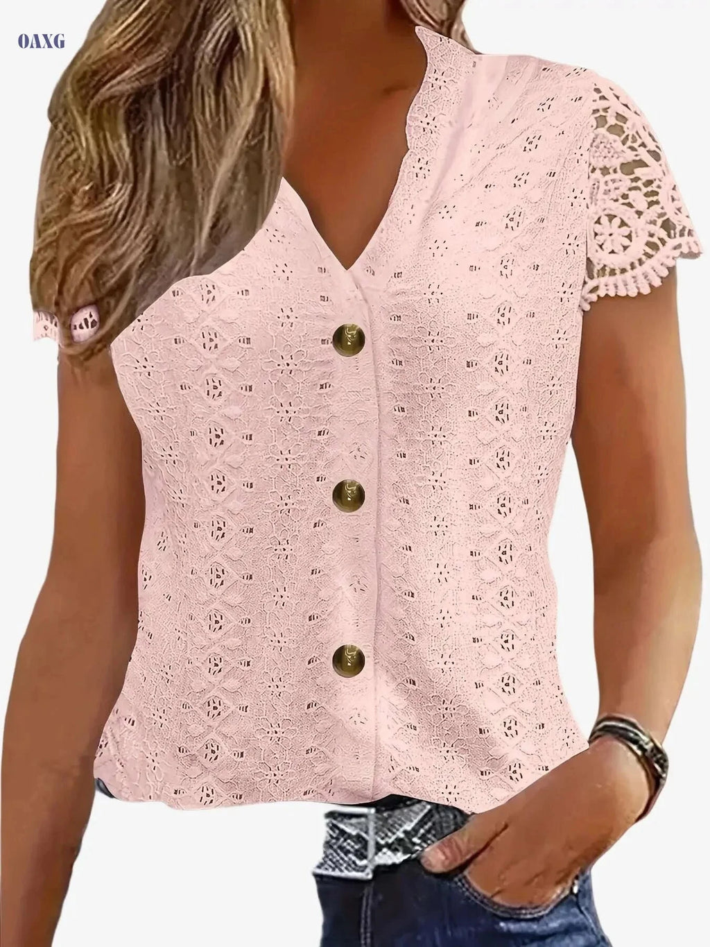 Women's Black V-Neck Lace Trim Tee - Casual Summer Short Sleeve   OAXG White / S