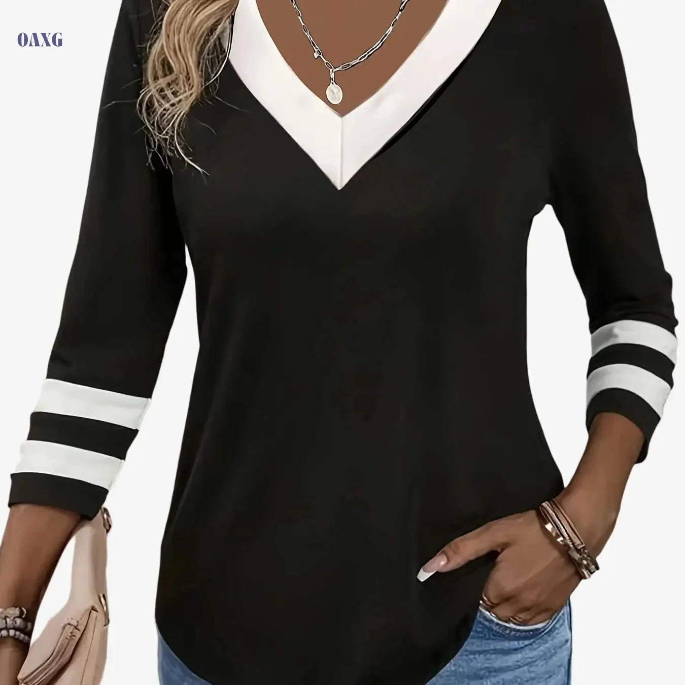 Women's Black & White Color-Blocked V-Neck T-Shirt - Casual Elegance   OAXG Black / S