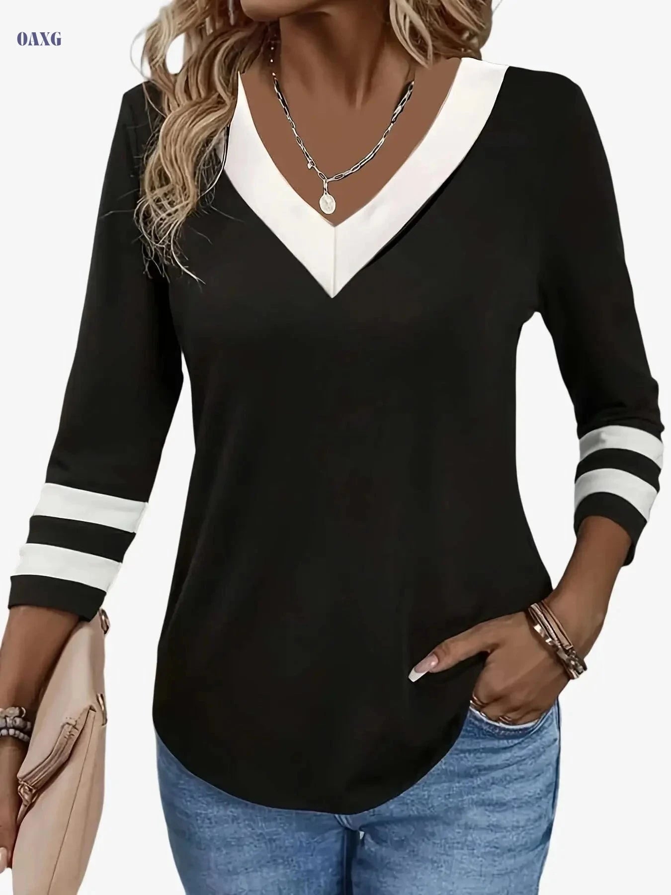 Women's Black & White Color-Blocked V-Neck T-Shirt - Casual Elegance   OAXG Black / S