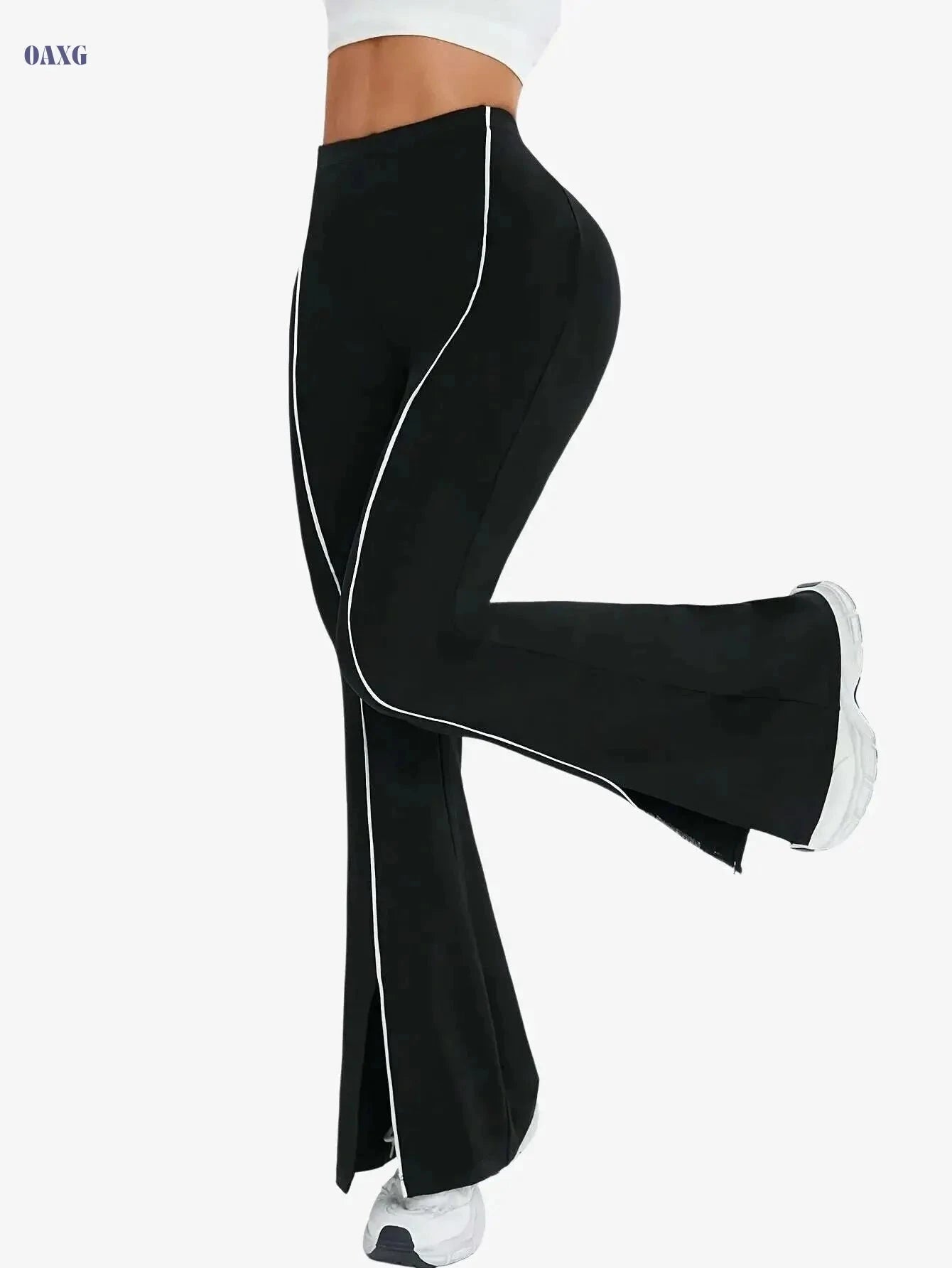Women's Black & White Flared Leggings - Comfortable All-Season Wear   OAXG 