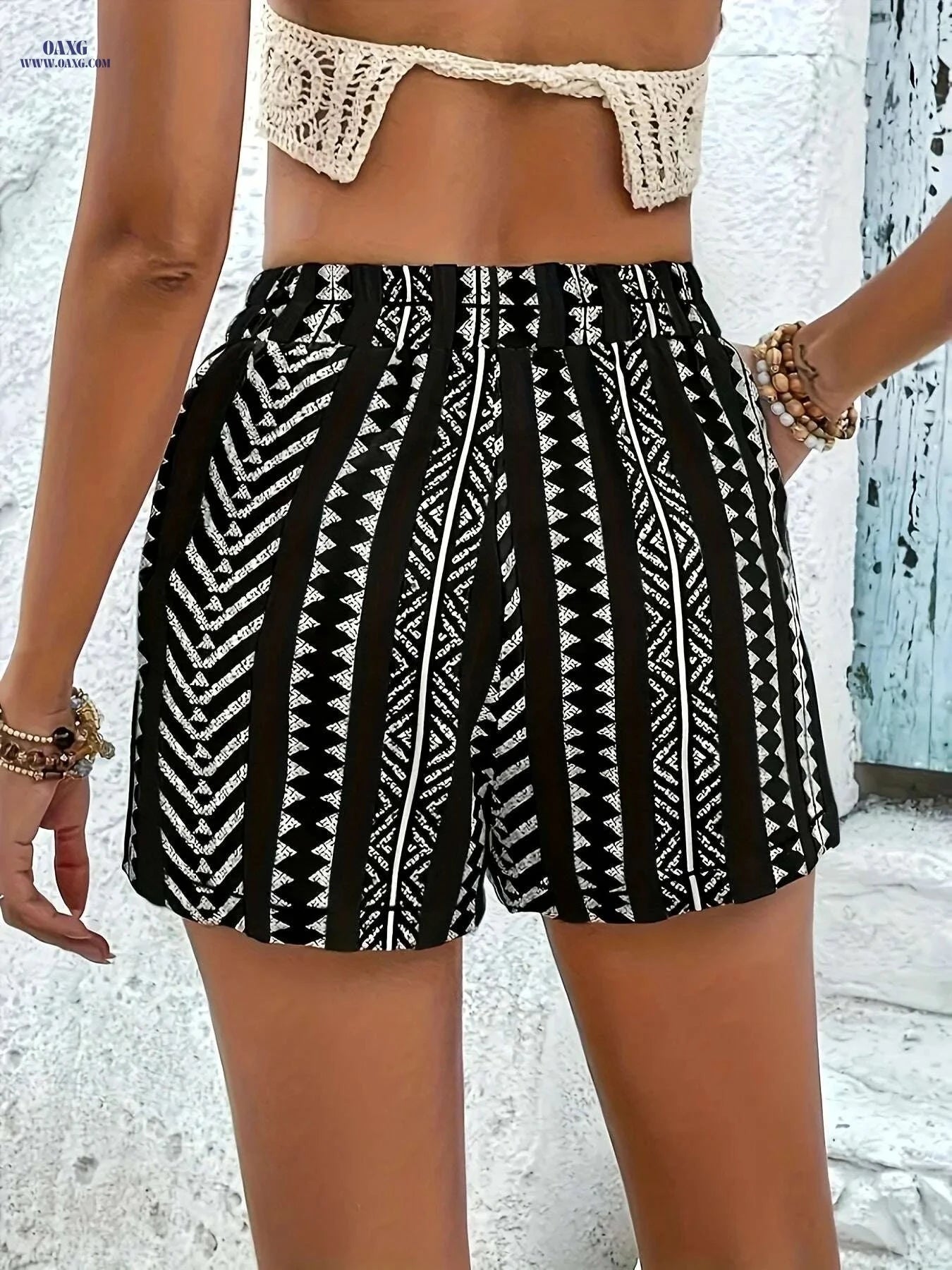 Women's Black & White Geometric Tassel Shorts - Machine Washable & Casual   OAXG 