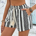 Women's Black & White Geometric Tassel Shorts - Machine Washable & Casual   OAXG 