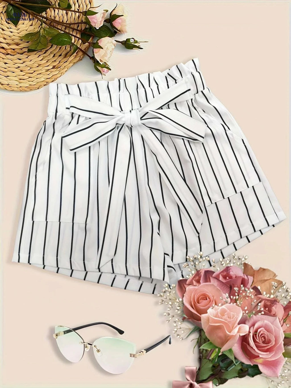 Women's Black & White Striped Wide-Leg Shorts - Trendy Tie-Front Design   OAXG 