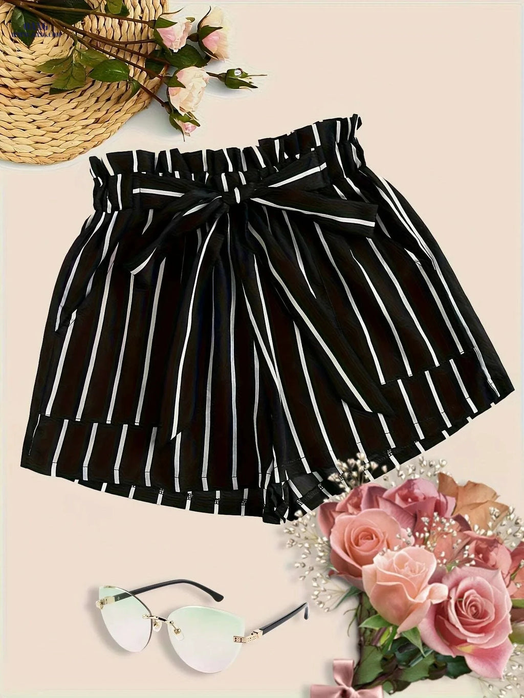 Women's Black & White Striped Wide-Leg Shorts - Trendy Tie-Front Design   OAXG 