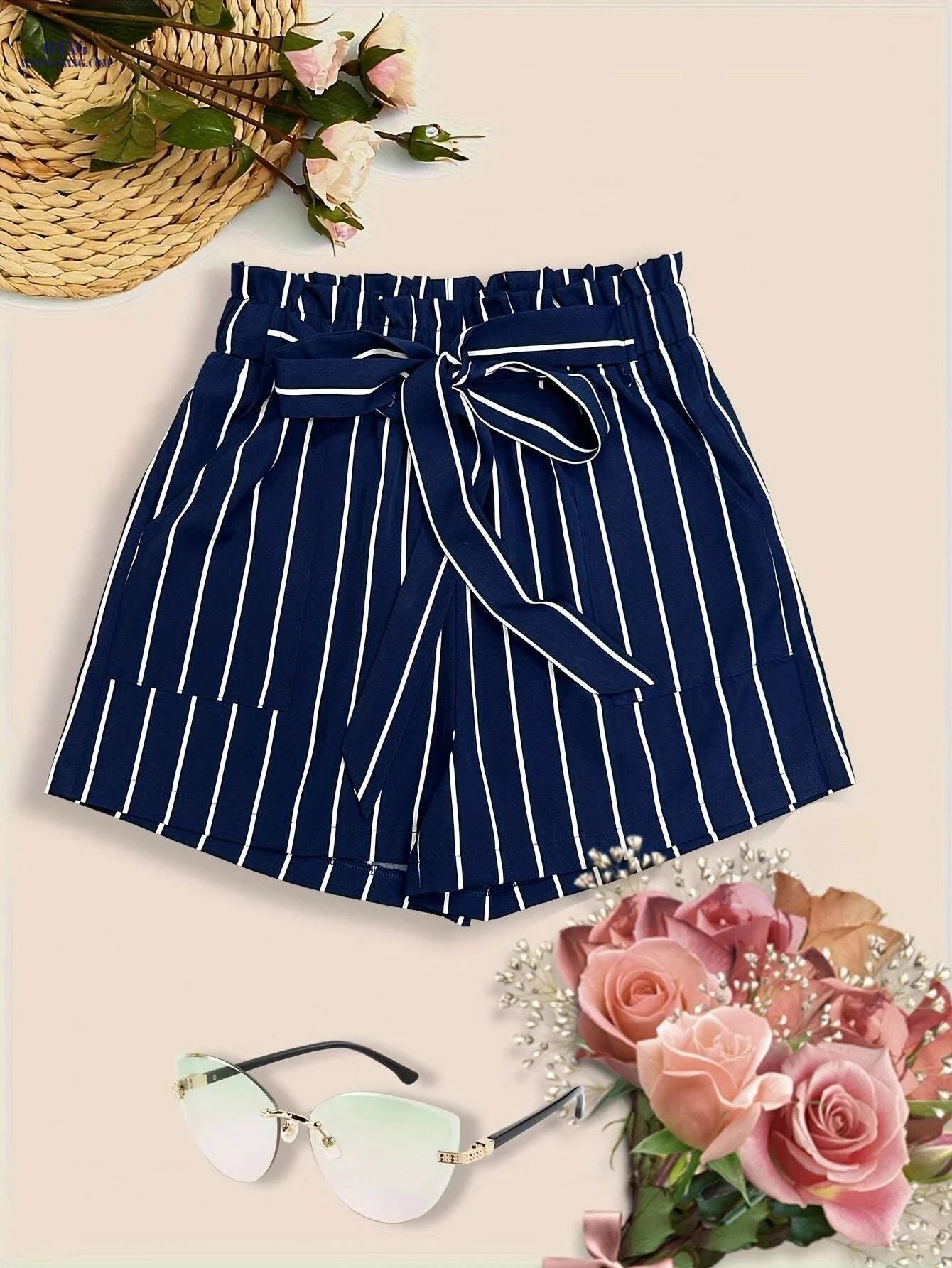 Women's Black & White Striped Wide-Leg Shorts - Trendy Tie-Front Design   OAXG 