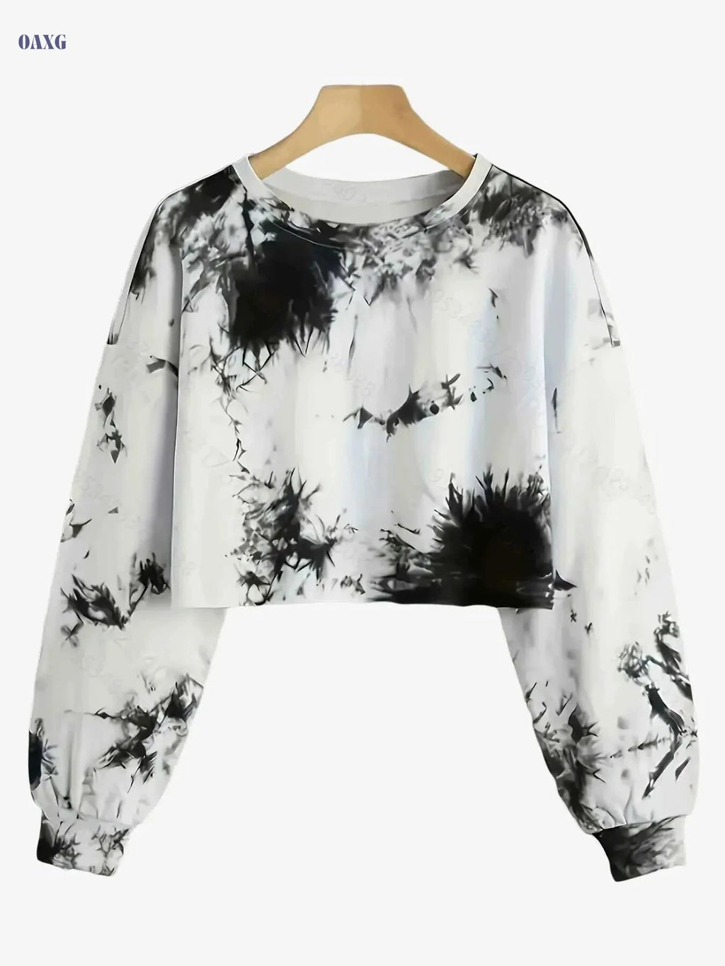 Women's Black & White Tie-Dye Crop Pullover - Casual Activewear   OAXG 