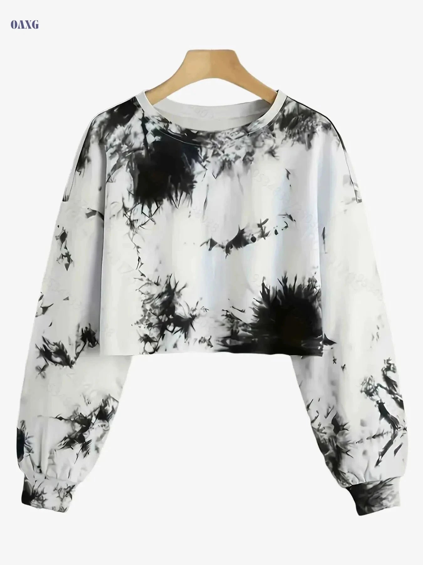 Women's Black & White Tie-Dye Crop Pullover - Casual Activewear   OAXG 