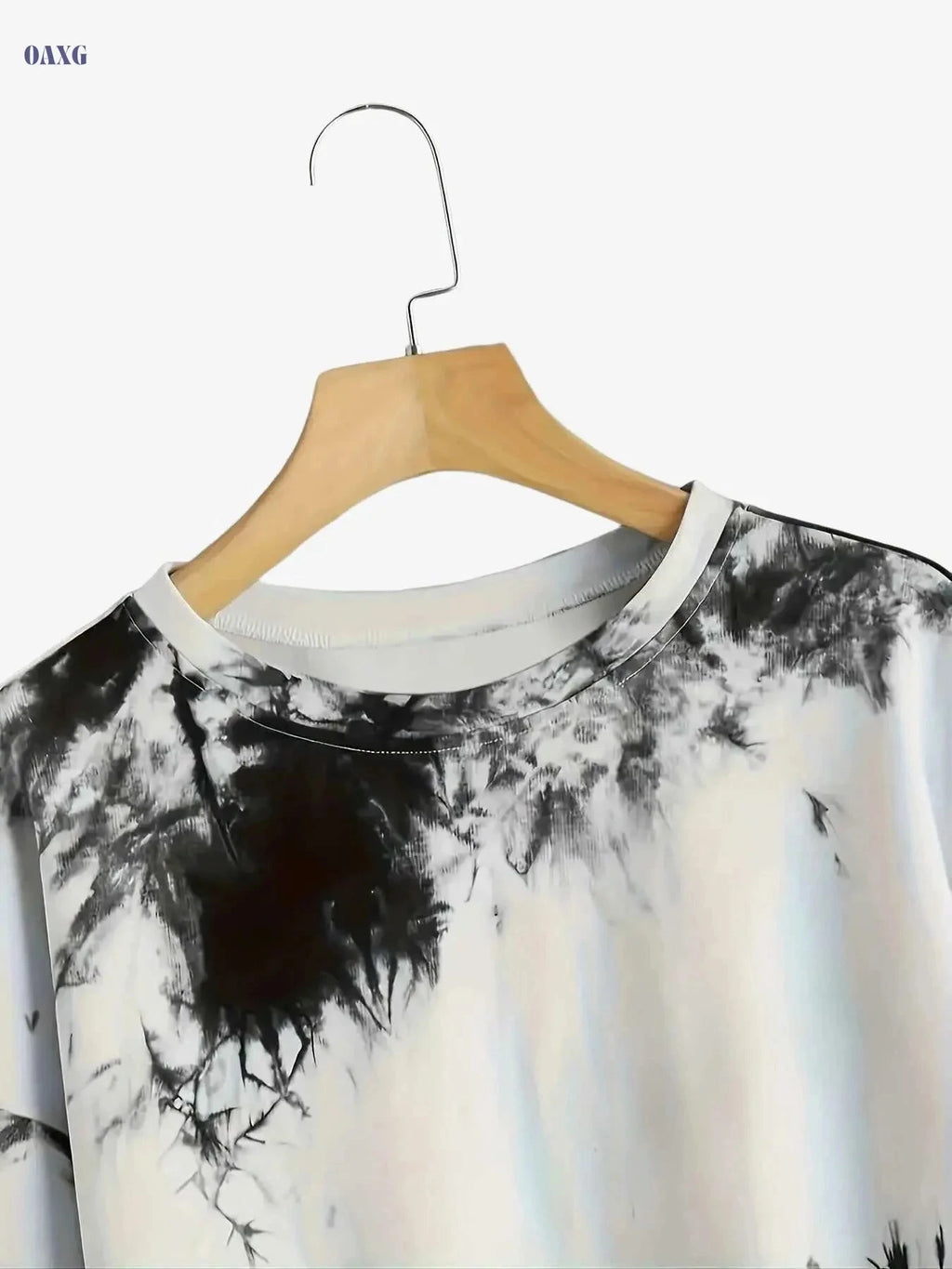 Women's Black & White Tie-Dye Crop Pullover - Casual Activewear   OAXG 
