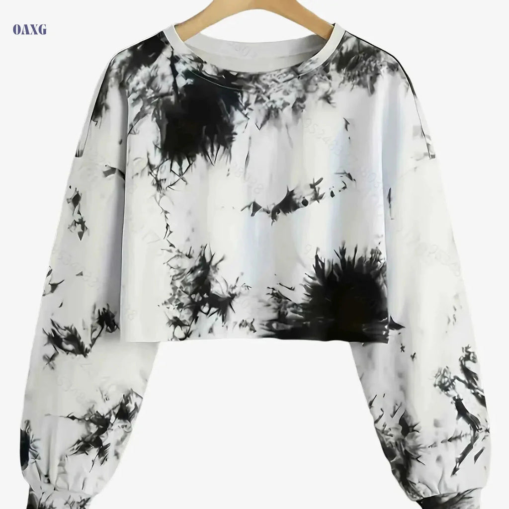 Women's Black & White Tie-Dye Crop Pullover - Casual Activewear   OAXG White / Asian S