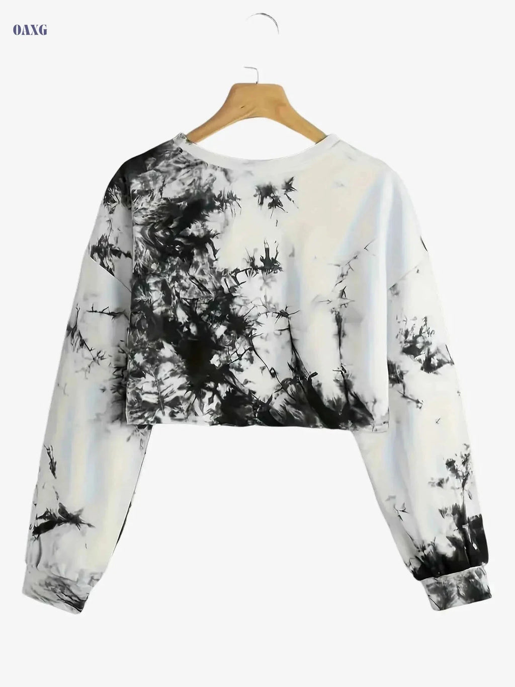 Women's Black & White Tie-Dye Crop Pullover - Casual Activewear   OAXG White / Asian S