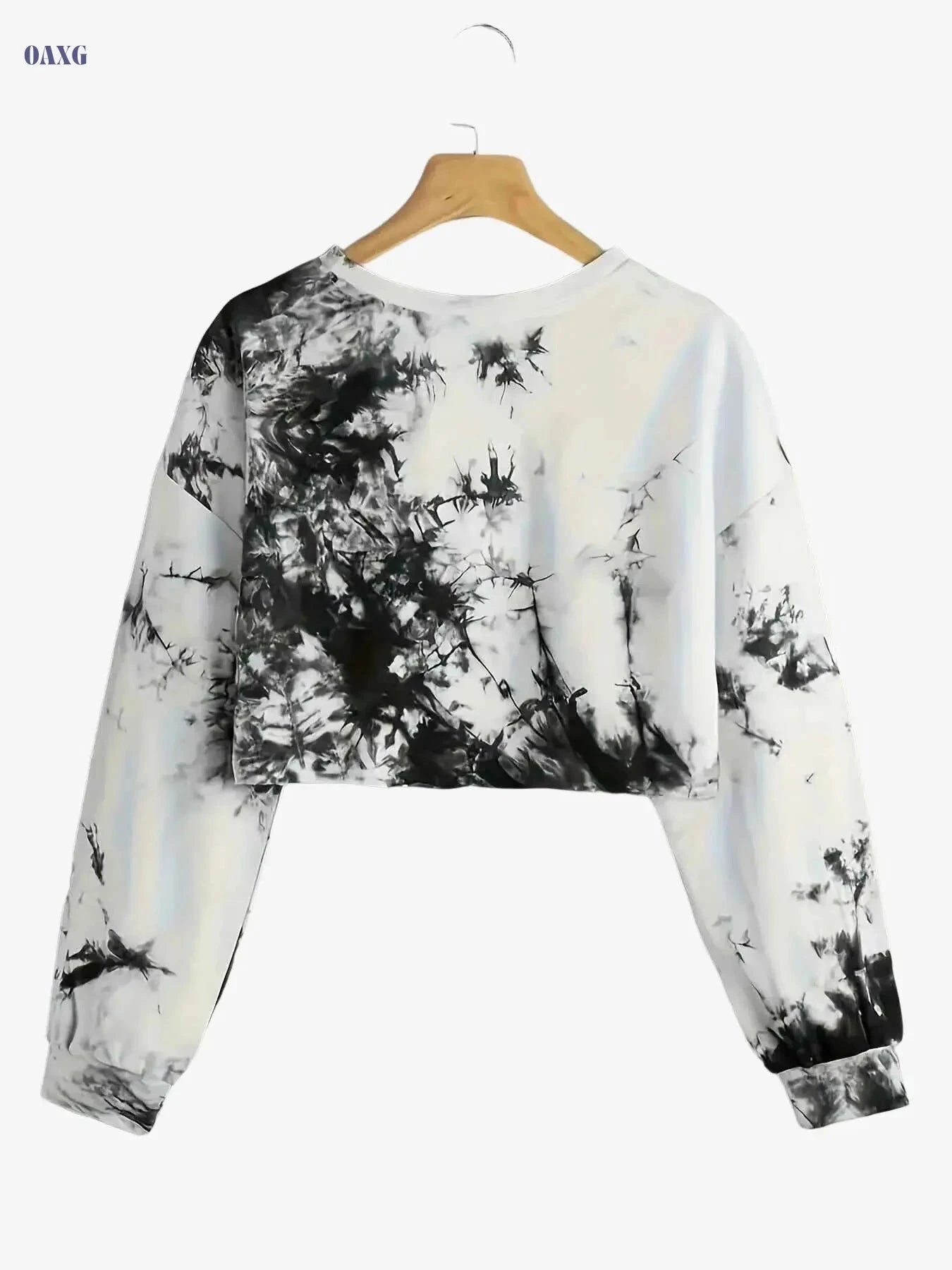 Women's Black & White Tie-Dye Crop Pullover - Casual Activewear   OAXG White / Asian S