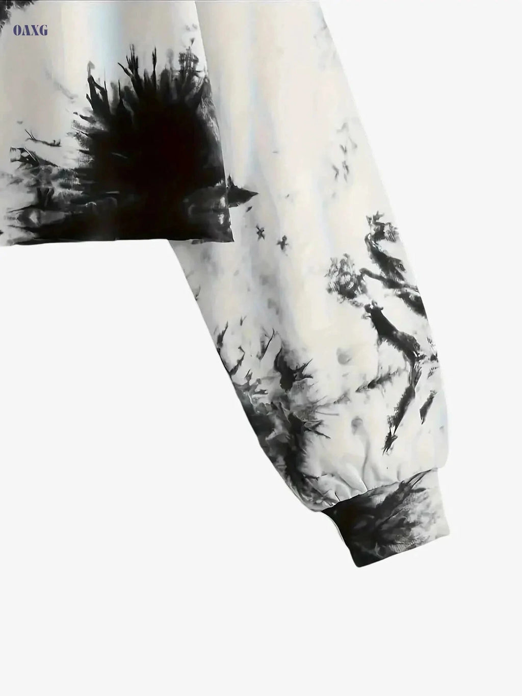 Women's Black & White Tie-Dye Crop Pullover - Casual Activewear   OAXG 