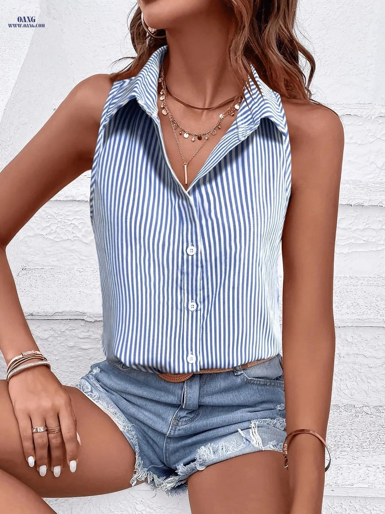 Women's Blue and White Striped Sleeveless Shirt - Casual Summer Look   OAXG Blue And White Stripes / S