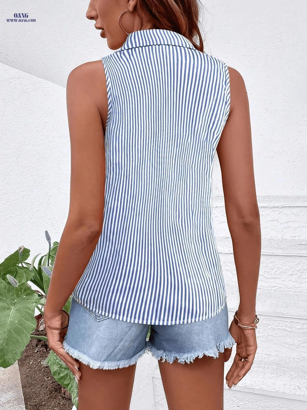 Women's Blue and White Striped Sleeveless Shirt - Casual Summer Look   OAXG Blue And White Stripes / S