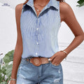 Women's Blue and White Striped Sleeveless Shirt - Casual Summer Look   OAXG Blue And White Stripes / S
