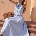 Women's Blue and White Striped Two-Piece Set - Elegant Vacation Style   OAXG 