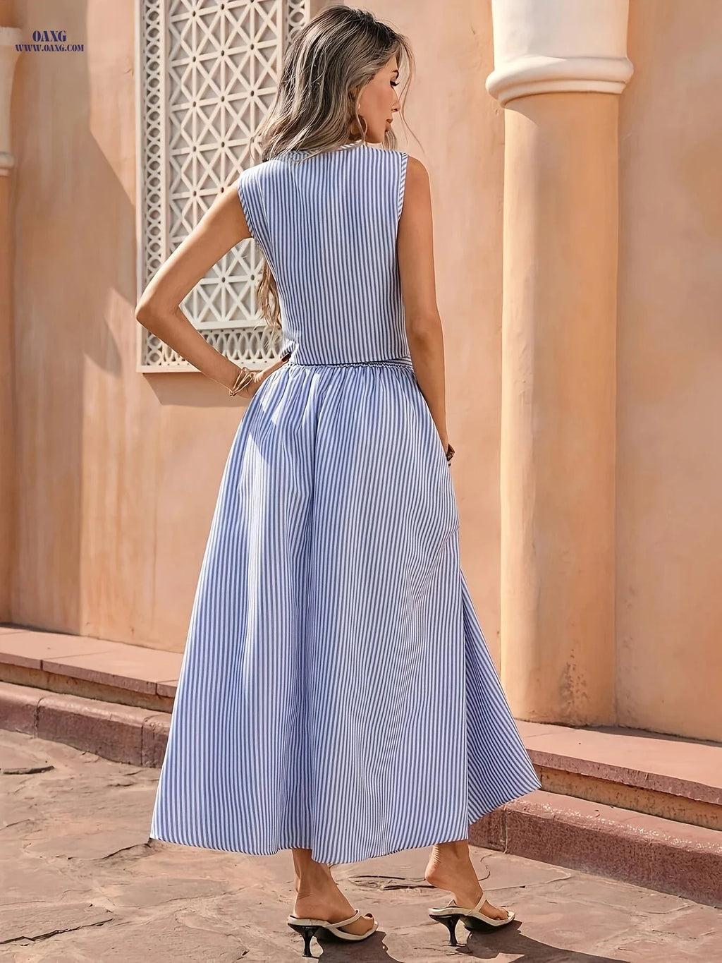 Women's Blue and White Striped Two-Piece Set - Elegant Vacation Style   OAXG Blue / S