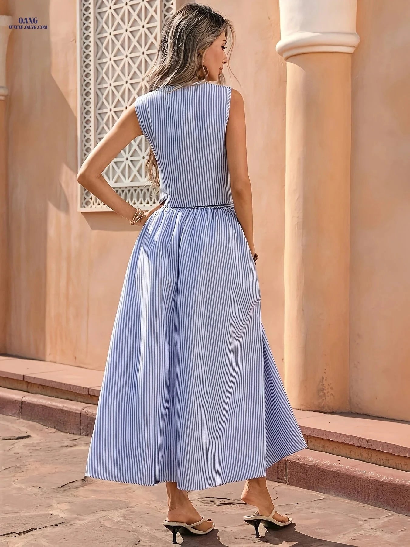 Women's Blue and White Striped Two-Piece Set - Elegant Vacation Style   OAXG Blue / S