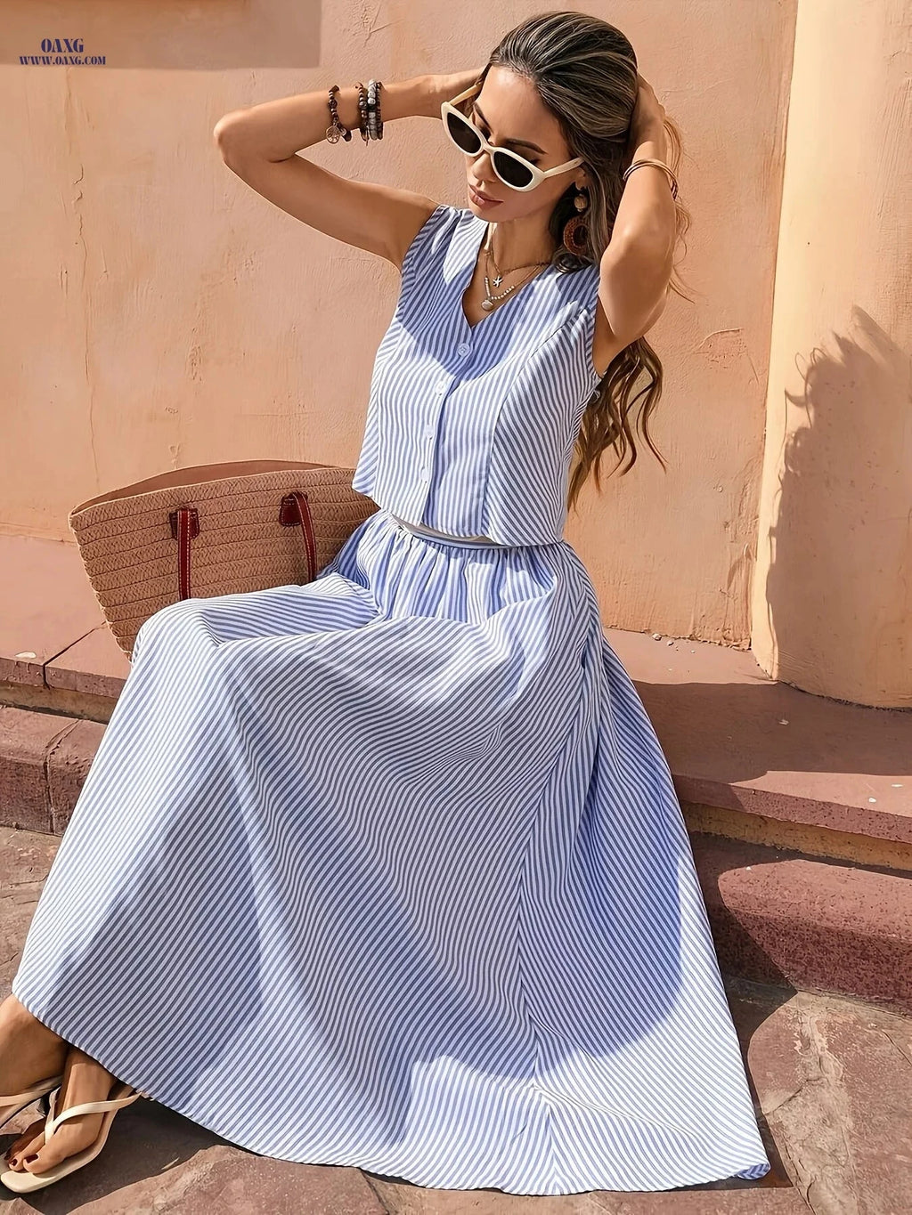 Women's Blue and White Striped Two-Piece Set - Elegant Vacation Style   OAXG Blue / S