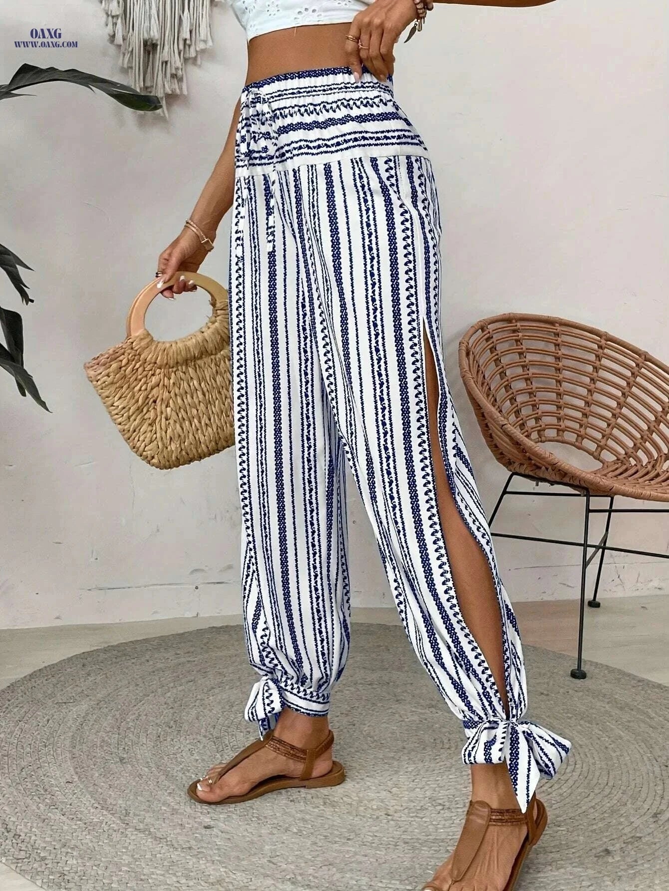 Women's Blue & White Striped Harem Pants - Side Slit for Summer Style   OAXG White / S