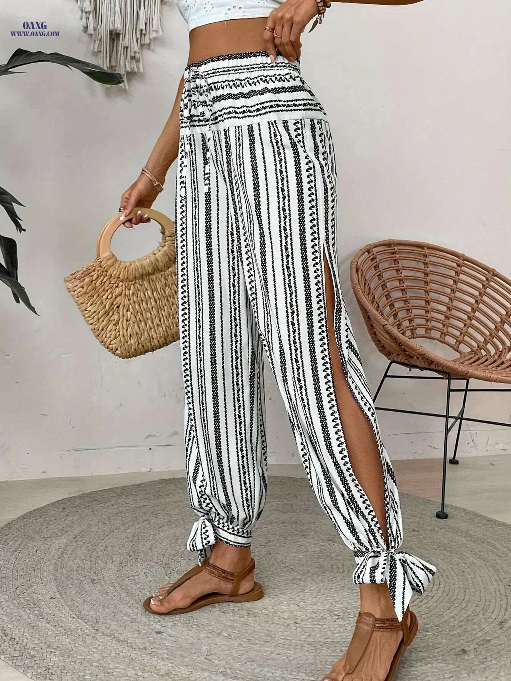 Women's Blue & White Striped Harem Pants - Side Slit for Summer Style   OAXG White / S