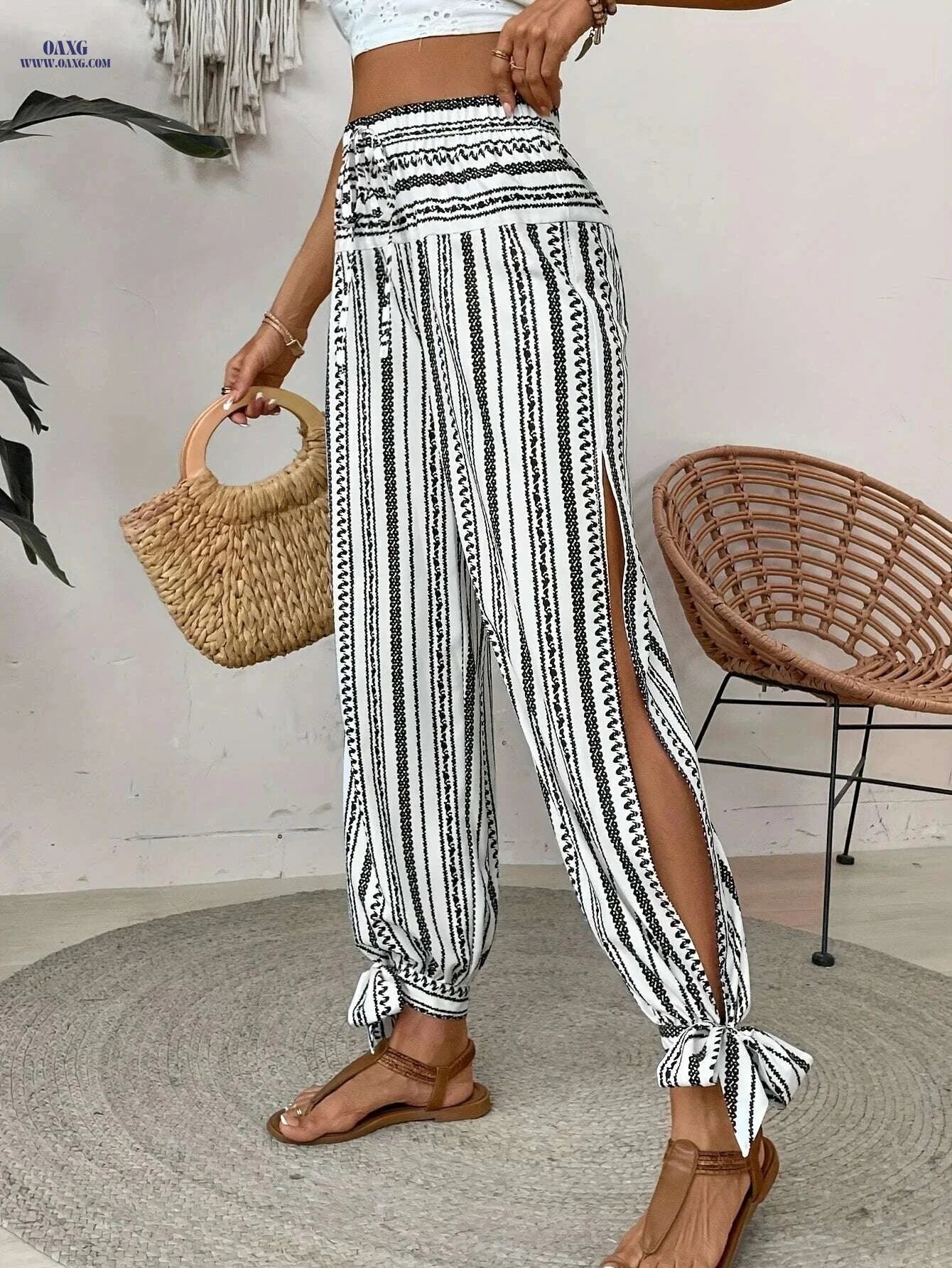 Women's Blue & White Striped Harem Pants - Side Slit for Summer Style   OAXG White / S