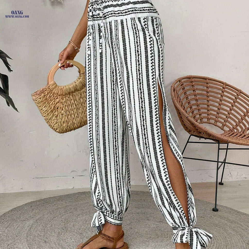 Women's Blue & White Striped Harem Pants - Side Slit for Summer Style   OAXG White / S