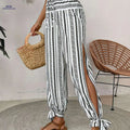 Women's Blue & White Striped Harem Pants - Side Slit for Summer Style   OAXG White / S