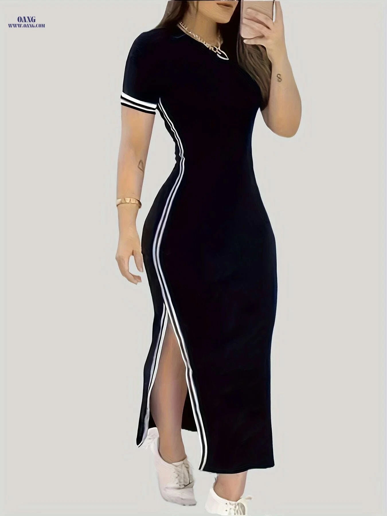 Women's Bodycon Dress - Contrast Trim, Short Sleeve Crew Neck   OAXG Black / S