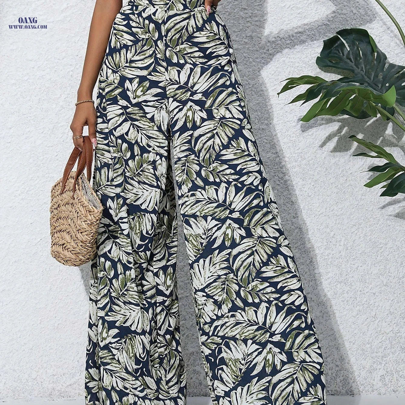 Women's Bohemian Floral Chiffon Wide-Leg Pants - High Waist Style   OAXG 